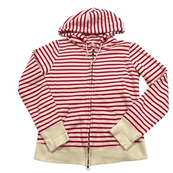 Uniqlo Hoodie Womens Small Pink White Striped Cotton Blend Terry Lined Zip Up - Picture 11 of 12